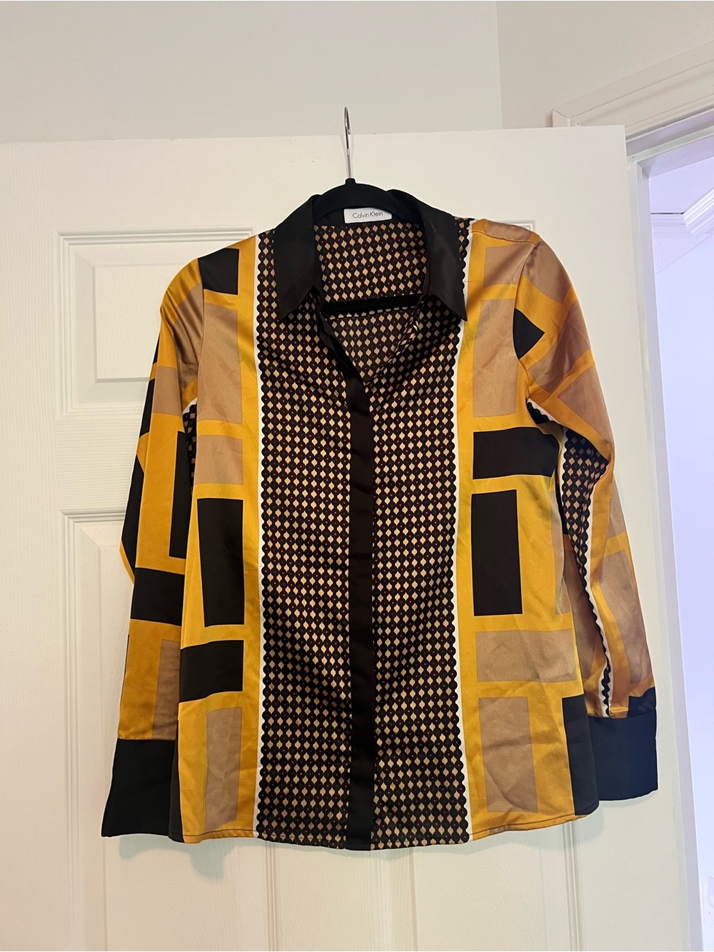 Calvin Klein Mustard and Black Geometric Print Satin Shirt